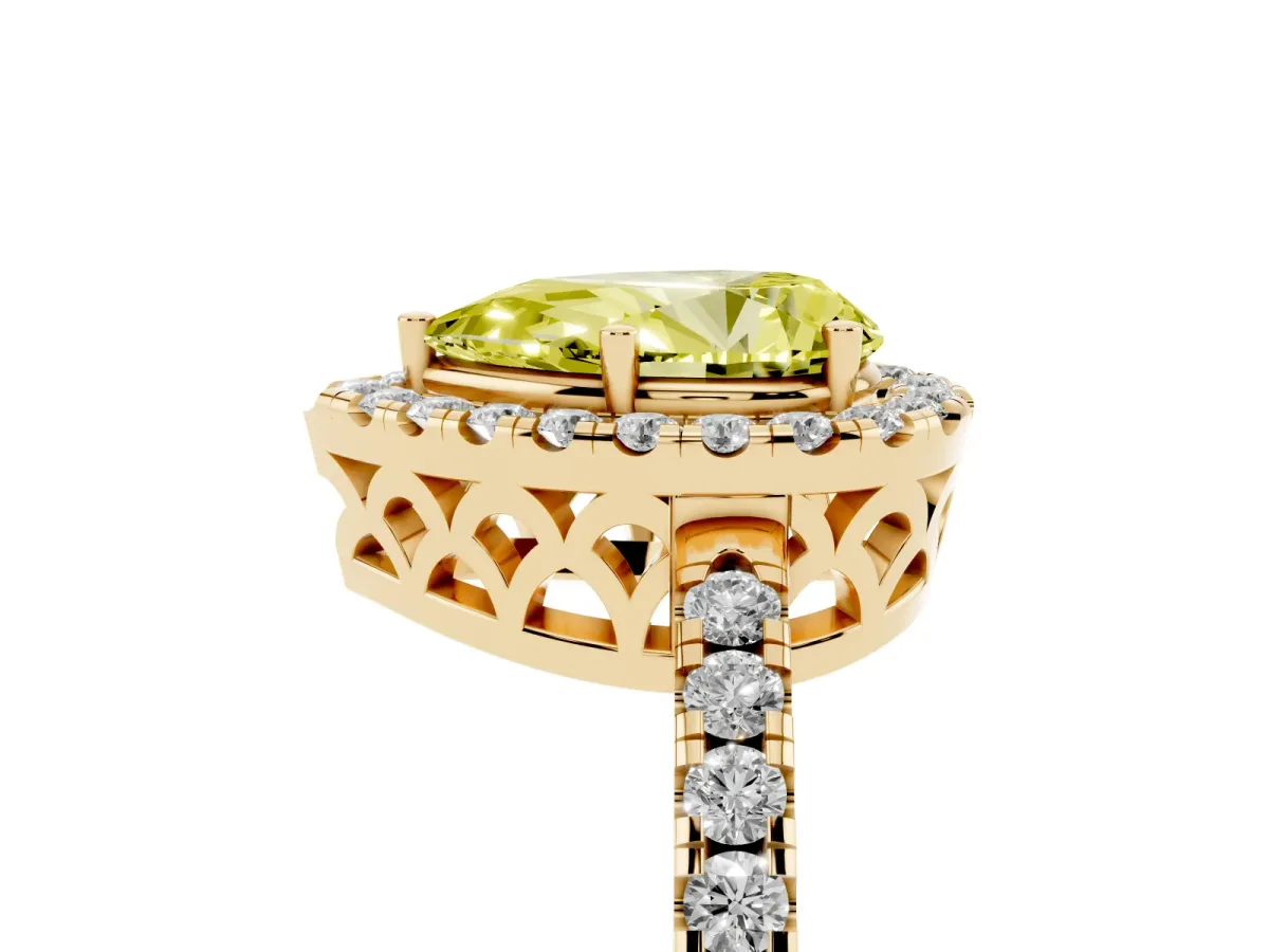 Fancy Yellow Pear Cut Halo Diamond Engagement Ring with Pavé Band and Four-Prong Setting Yellow gold