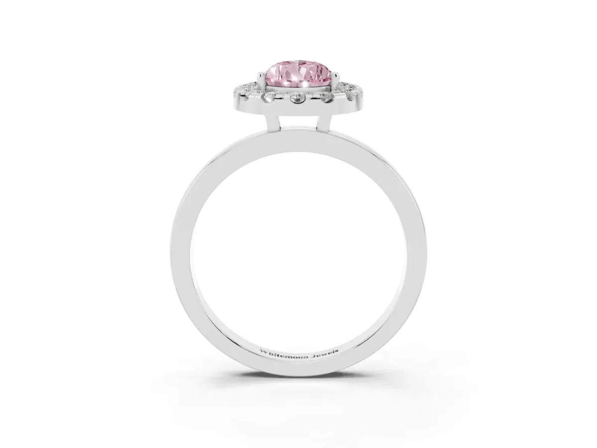 Fancy Pink Pear Cut Halo Diamond Solitaire with Pavé Band and Four-Prong Setting Platinum