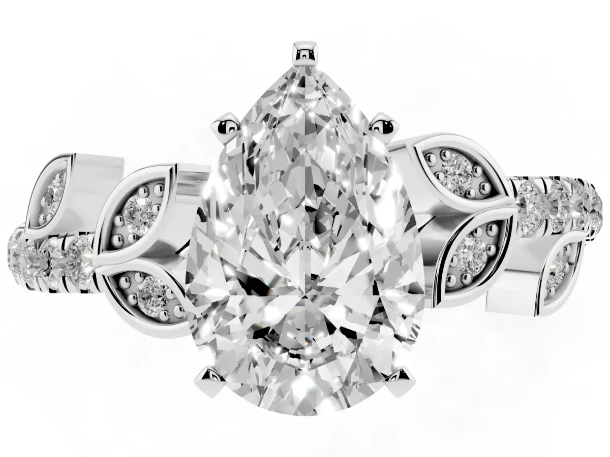 Pear Cut Solitaire Leaf-Inspired Diamond Ring with Pavé Band and Four-Prong Setting Silver