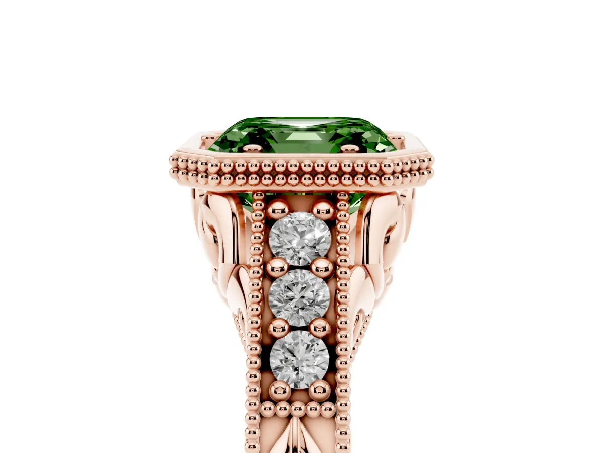 Fancy Green Bezel Set Asscher Cut Diamond Milgrain Pave Engagement Ring Rose gold