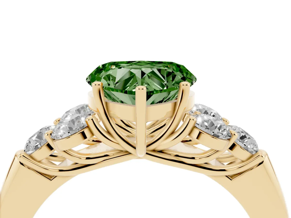 Fancy Green Heart Cut Cut Diamond Cluster Ring with Round Accent Stones and Prong Setting on a Classic Band Yellow gold