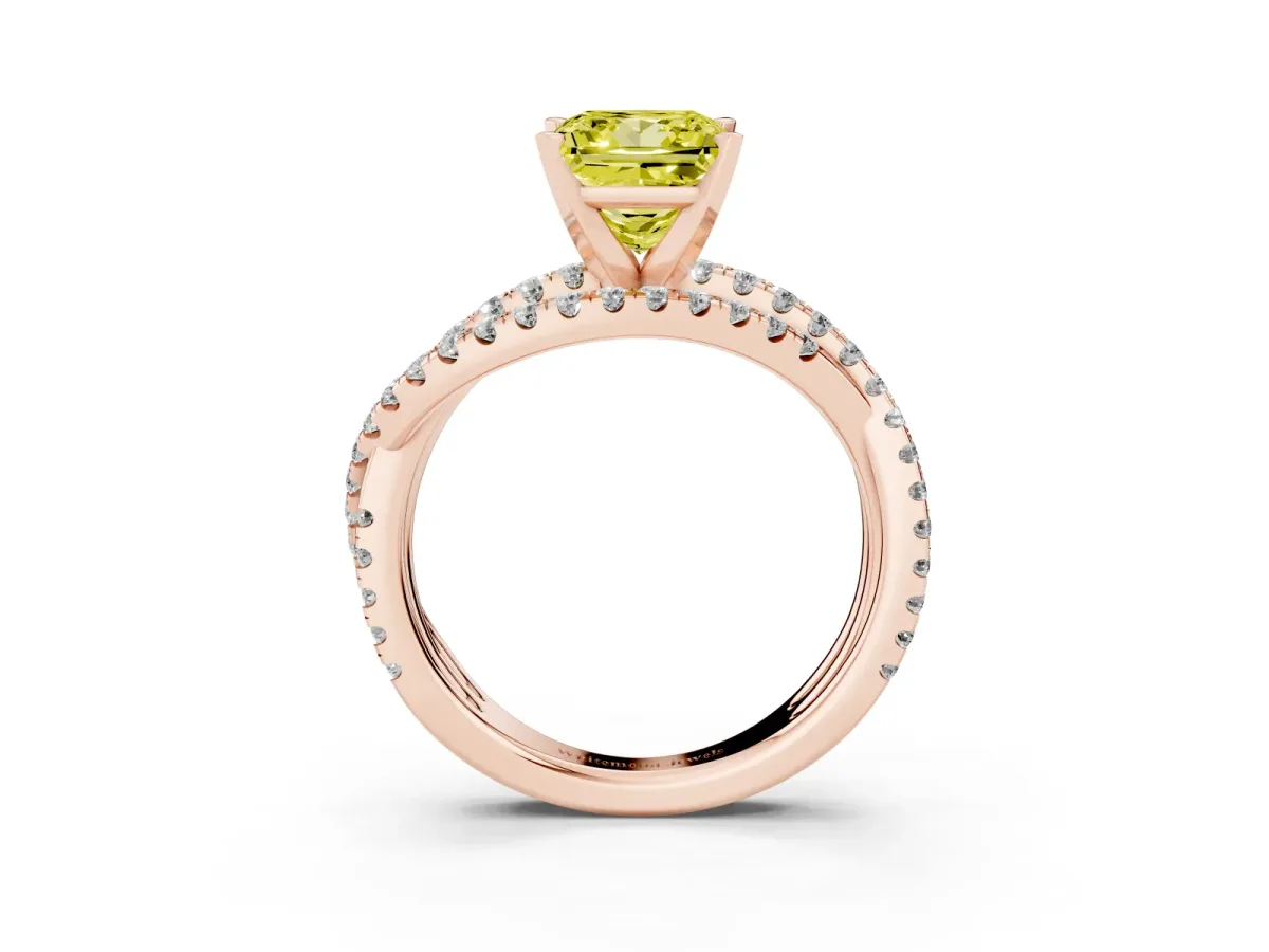 Fancy Yellow Princess Cut Solitaire Twist Band with Pavé Setting and Four-Prong Setting Rose gold