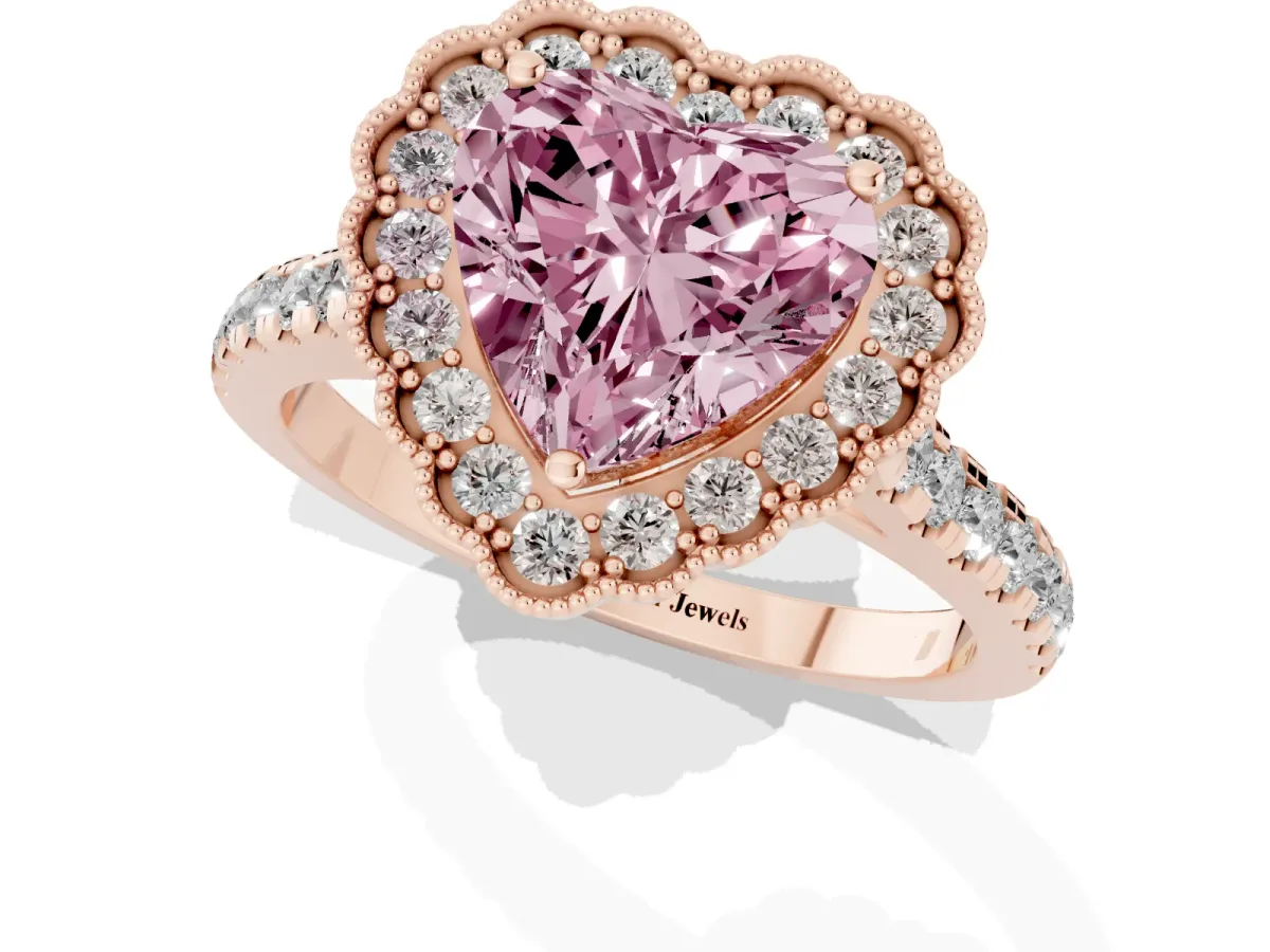 Fancy Pink Heart Cut Cut Diamond Milgrain Floral Halo Engagement Ring with Pavé Band Rose gold