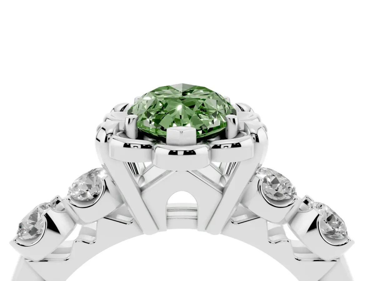 Fancy Green Marquise Cut Cut Diamond Floral Halo Engagement Ring with Shared Prong Setting Silver
