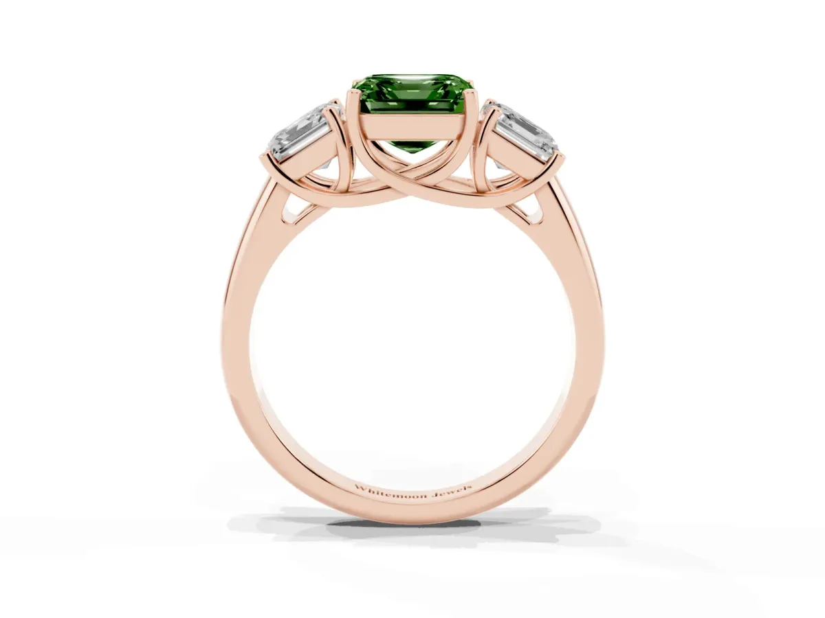 Fancy Green Three-Stone Asscher Cut Diamond Engagement Ring with Prong Setting Rose gold