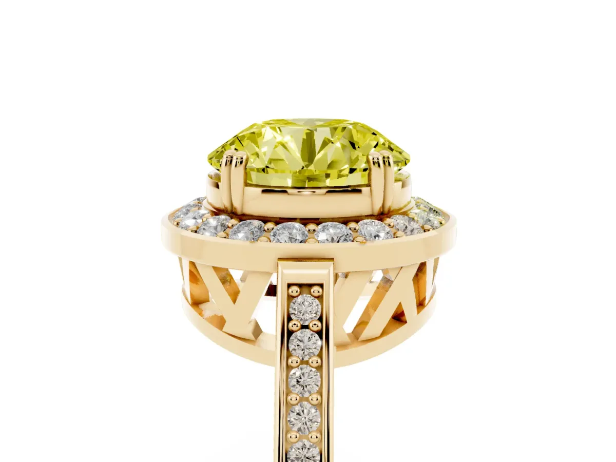Fancy Yellow Round Cut Diamond Halo Ring with Split Shank and Four-Prong Setting Yellow gold
