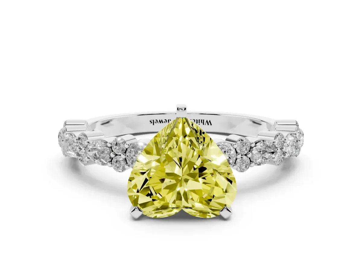 Fancy Yellow Heart Cut Diamond Side Stone Solitaire Ring with Round and Four-Prong Setting Silver