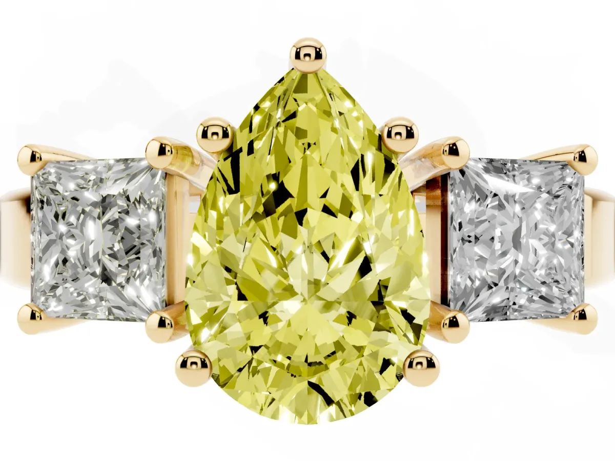 Fancy Yellow Three-Stone Pear Cut Cut Solitaire Ring with Prong Setting Yellow gold