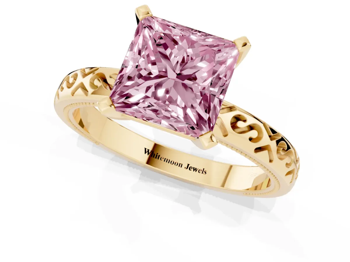 Fancy Pink Princess Cut Solitaire Engagement Ring with Scrollwork Band and Four-Prong Setting Yellow gold