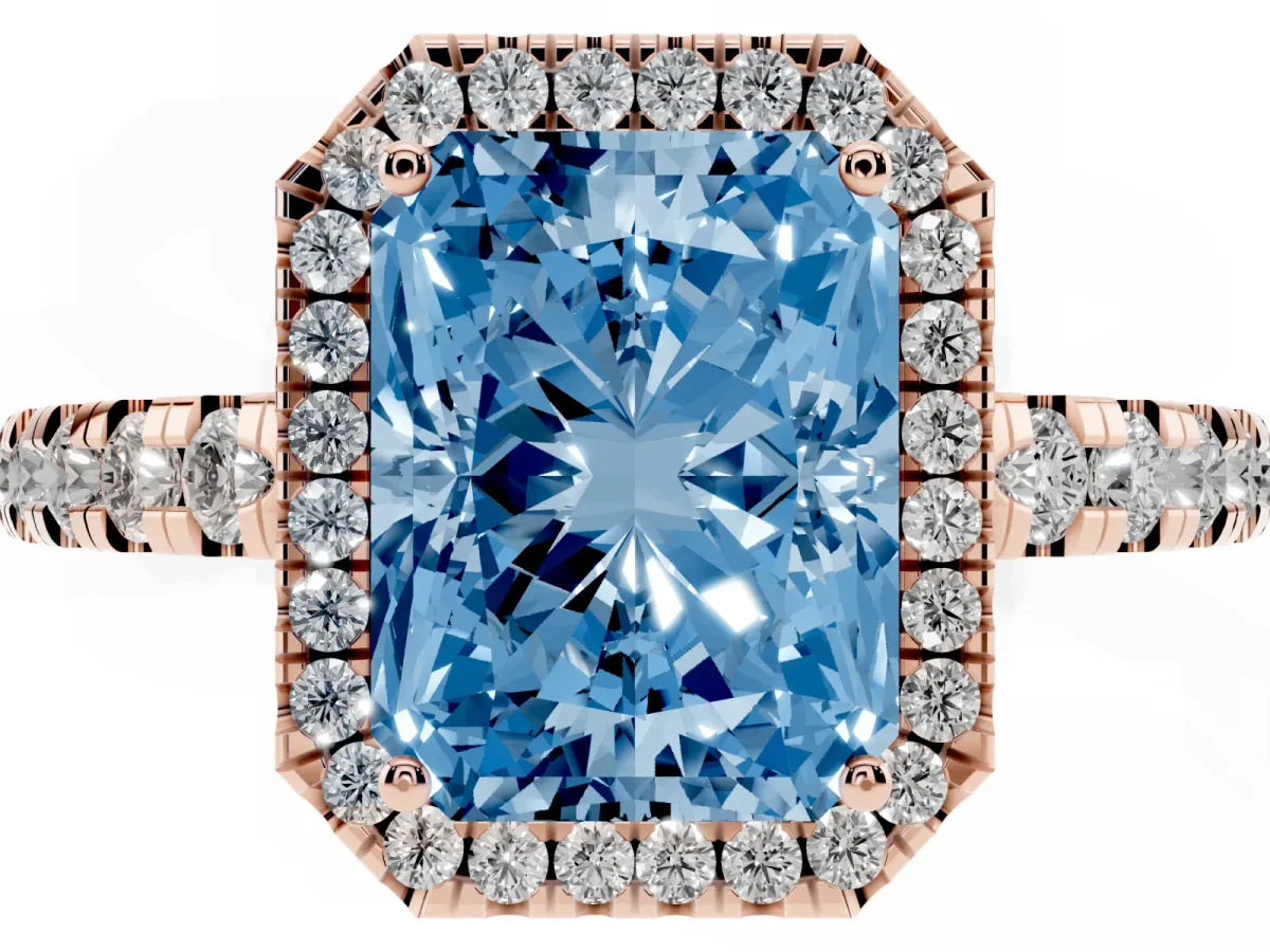 Fancy Blue Radiant Cut Diamond Halo Ring with Pavé Band and Four-Prong Setting Rose gold