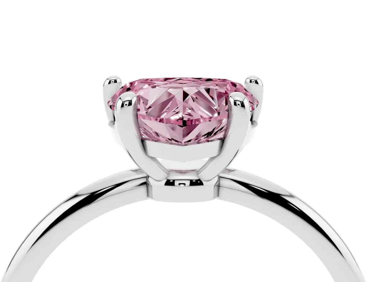 Fancy Pink Heart Cut Solitaire Diamond Ring with 4-Prong Setting on a Classic Band Silver