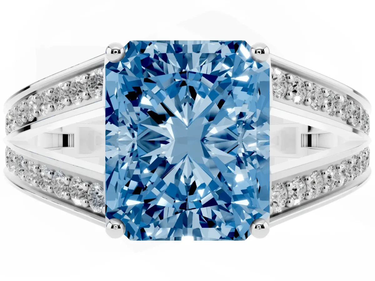 Fancy Blue Radiant Cut Diamond Split Shank Ring with Pavé Band and Four-Prong Setting White gold