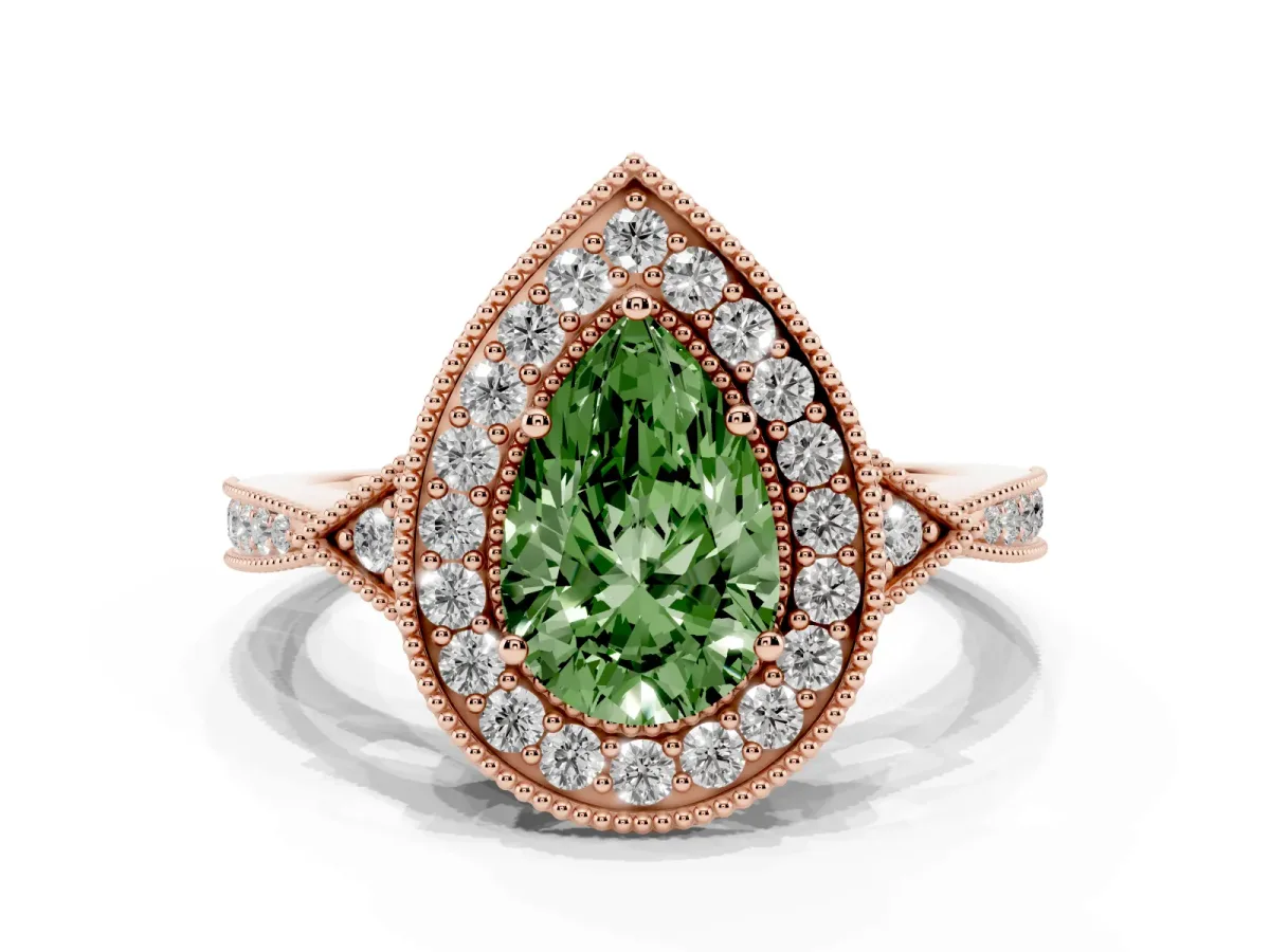 Fancy Green Pear Cut Halo Round Diamond Milgrain Pave Engagement Ring Rose gold