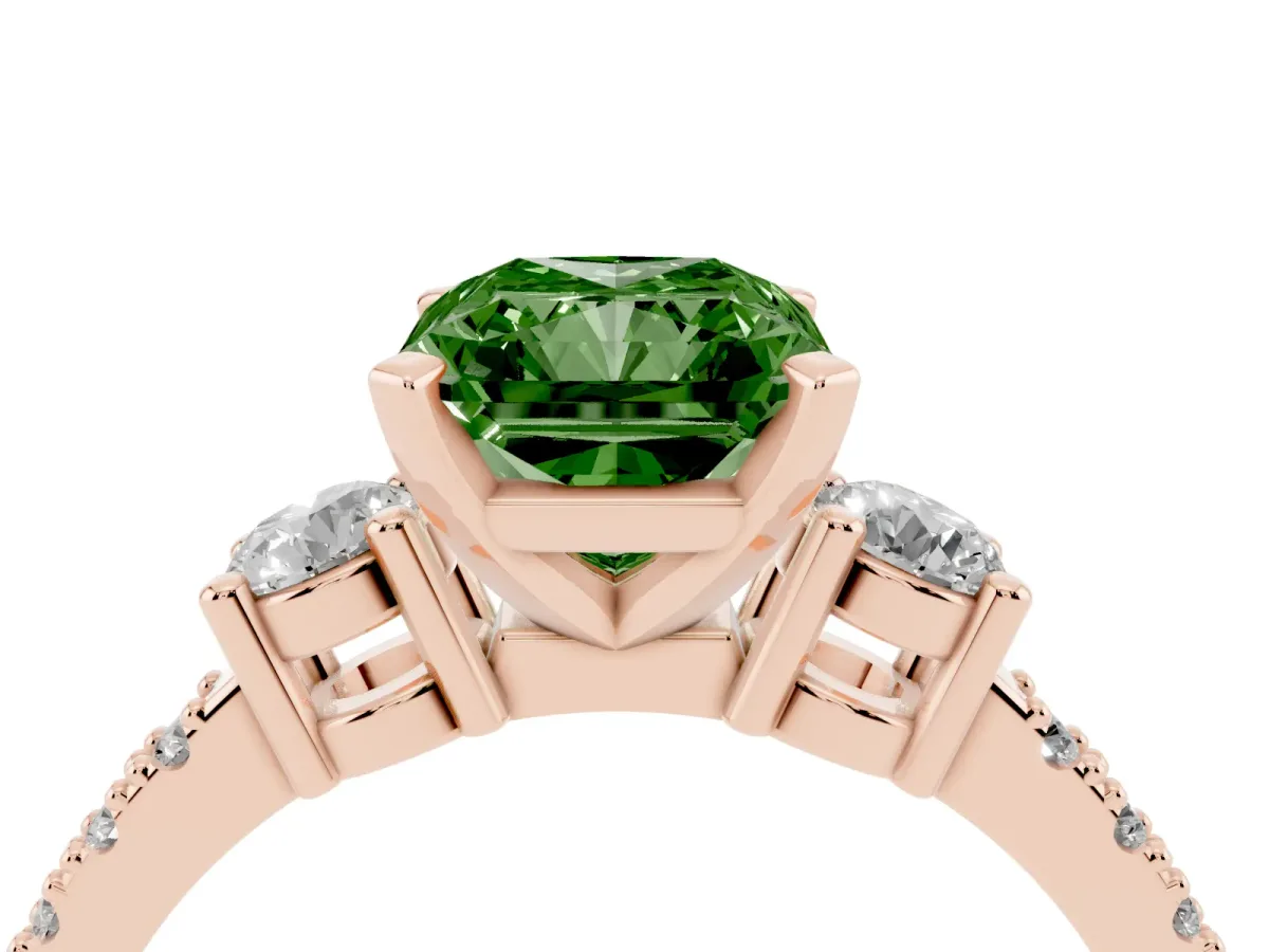 Fancy Green Radiant Cut Three-Stone Diamond Pavé Band with Prong Setting Rose gold