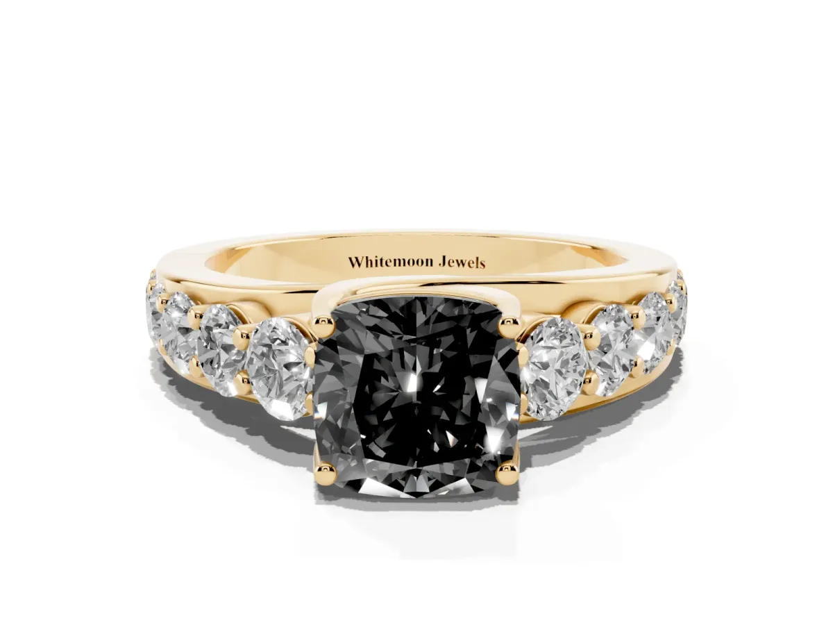 Fancy Black Cushion Cut Diamond Engagement Ring with Pavé Band and Four-Prong Setting Yellow gold