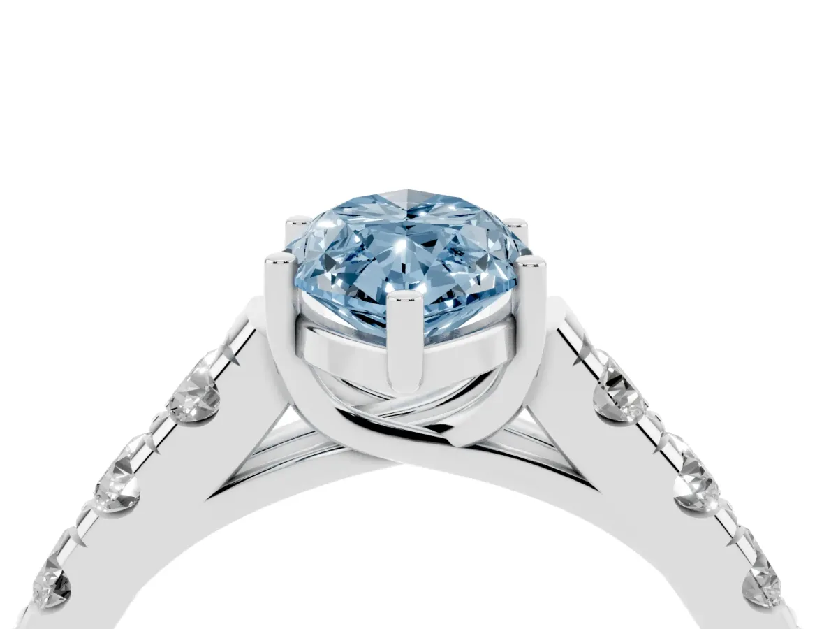 Fancy Blue Marquise Cut Cut Diamond Solitaire Ring with Micro Pave Band and Prong Setting Silver