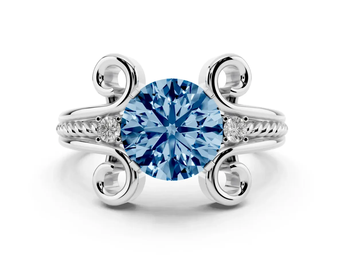 Fancy Blue Round Cut Solitaire Twisted Band Scroll Prong Ring Platinum