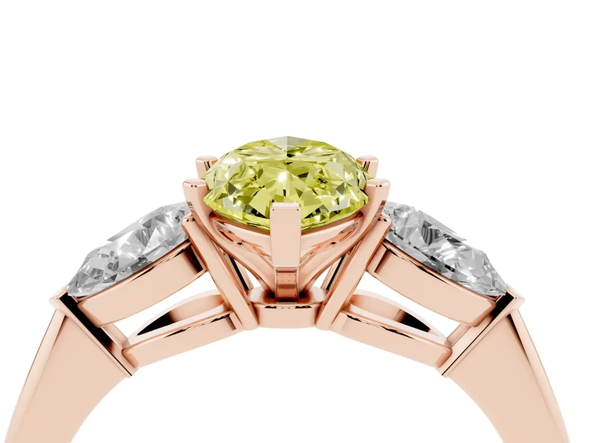 Fancy Yellow Three-Stone Marquise Cut Diamond Ring with Pear Side Stones and Four-Prong Setting Rose gold