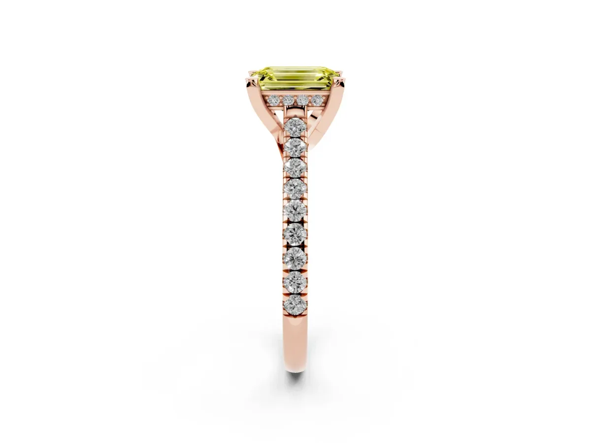 Fancy Yellow Emerald Cut Brilliant Diamond Solitaire with Pavé Band and Four-Prong Setting Rose gold
