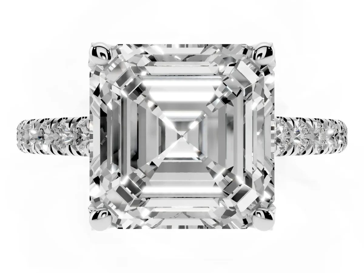 Asscher Cut Brilliant Diamond Solitaire with Pavé Band and Four-Prong Setting Platinum