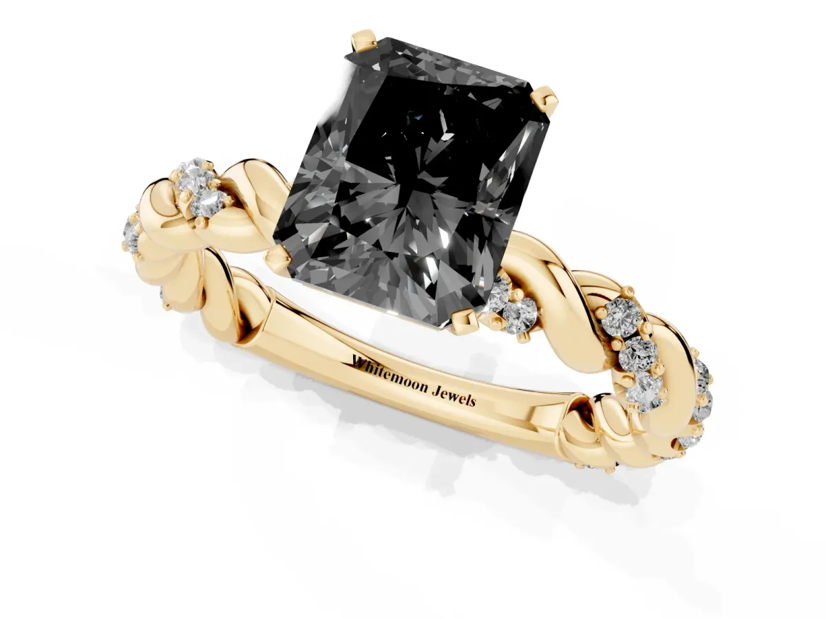 Fancy Black Radiant Cut Diamond Solitaire Ring with Twisted Band and Pavé Accents Yellow gold