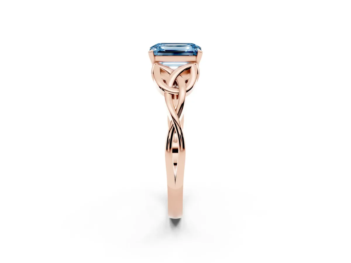 Fancy Blue Emerald Cut Diamond Solitaire Engagement Ring with Celtic Knot Band and Four-Prong Setting Rose gold