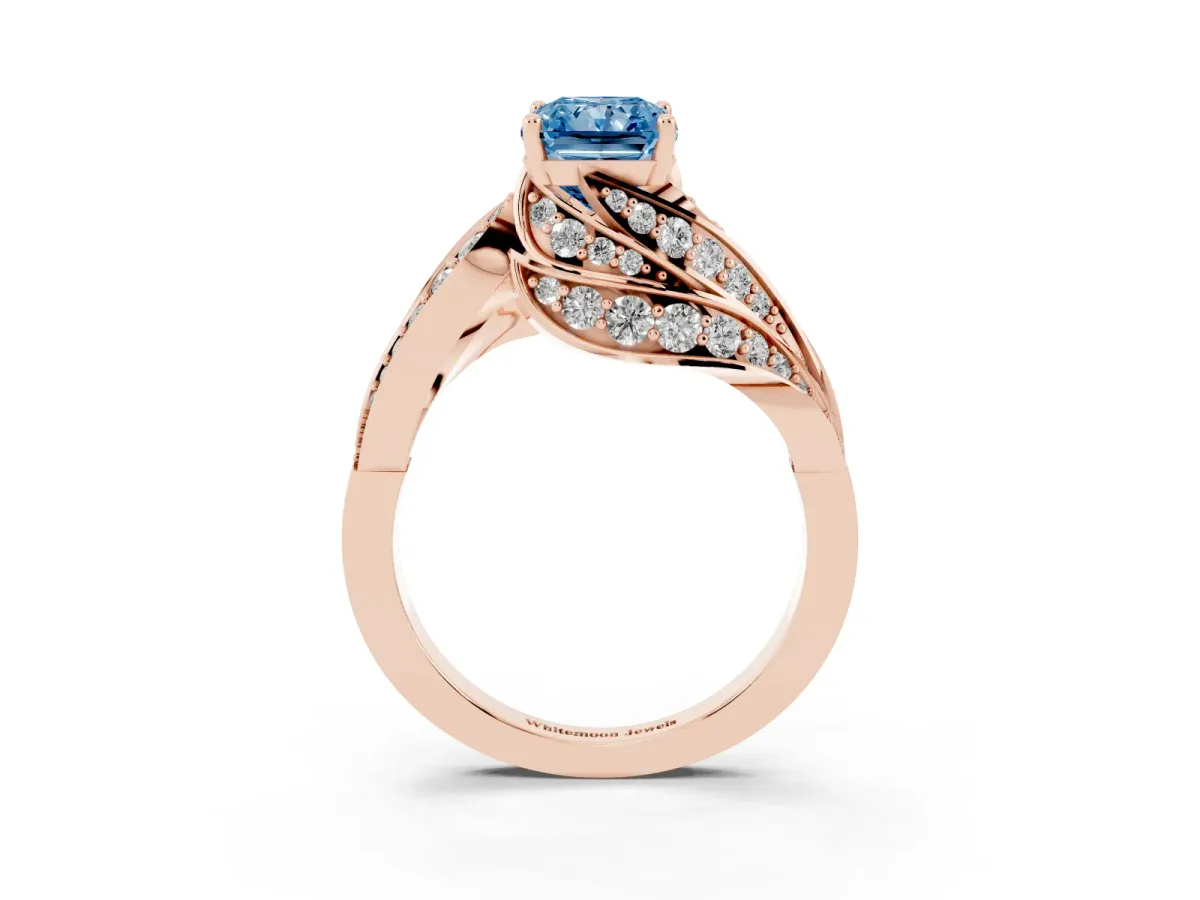 Fancy Blue Radiant Cut Diamond Solitaire Ring with Prong Setting and Twisted Pavé Band Rose gold