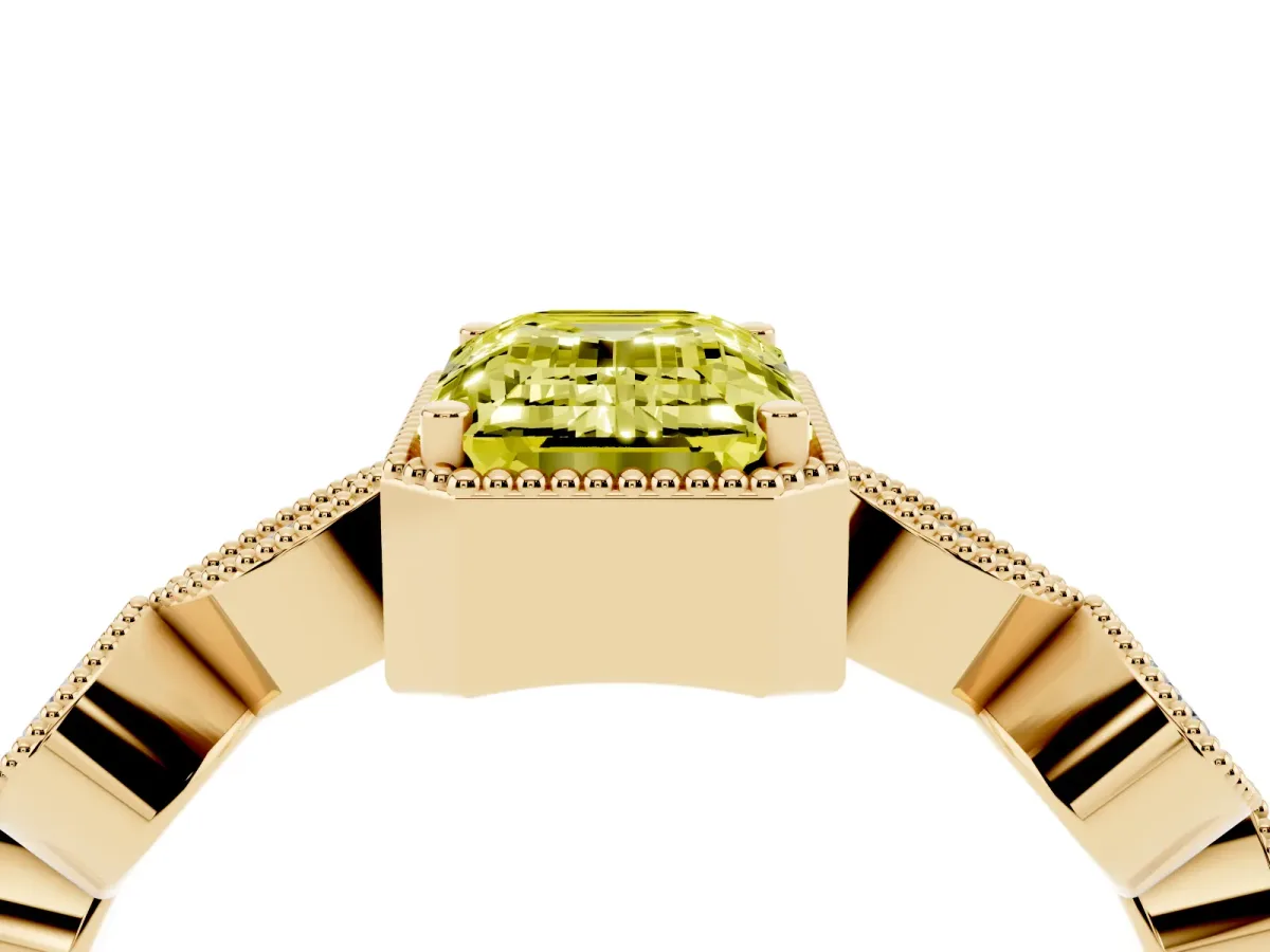 Fancy Yellow Emerald Cut Diamond Vintage Milgrain Ring with Round Stations Yellow gold