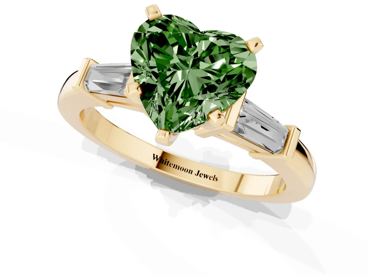 Fancy Green Heart Cut Cut Diamond Solitaire Ring with Tapered Baguette Accents and Four-Prong Setting Yellow gold