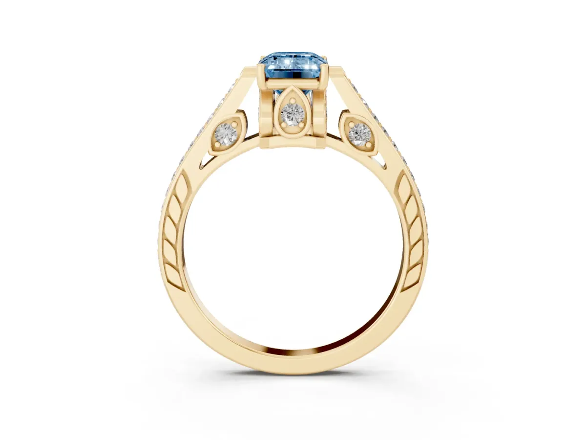 Fancy Blue Emerald Cut Cut Cathedral Pave Diamond Engagement Ring with Six-Prong Setting Yellow gold