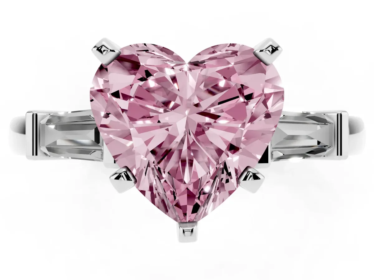 Fancy Pink Heart Cut Cut Diamond Solitaire Ring with Tapered Baguette Accents and Four-Prong Setting White gold