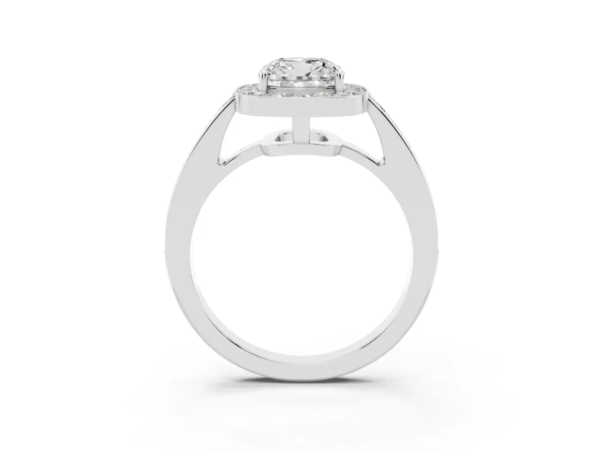 Cushion Cut Halo Pavé Diamond Engagement Ring with Bezel Setting Silver
