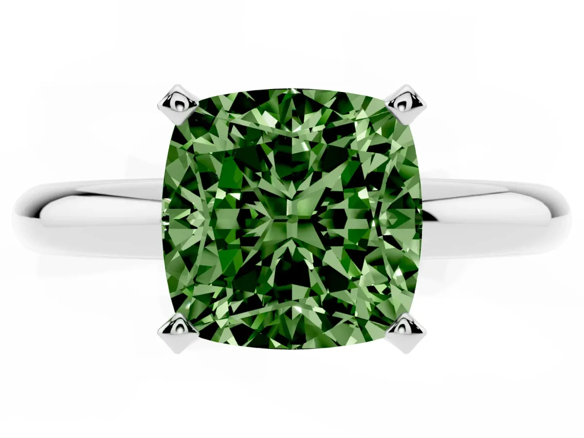 Fancy Green Cushion Cut Diamond Solitaire Engagement Ring with Round Band and Four-Prong Setting Silver