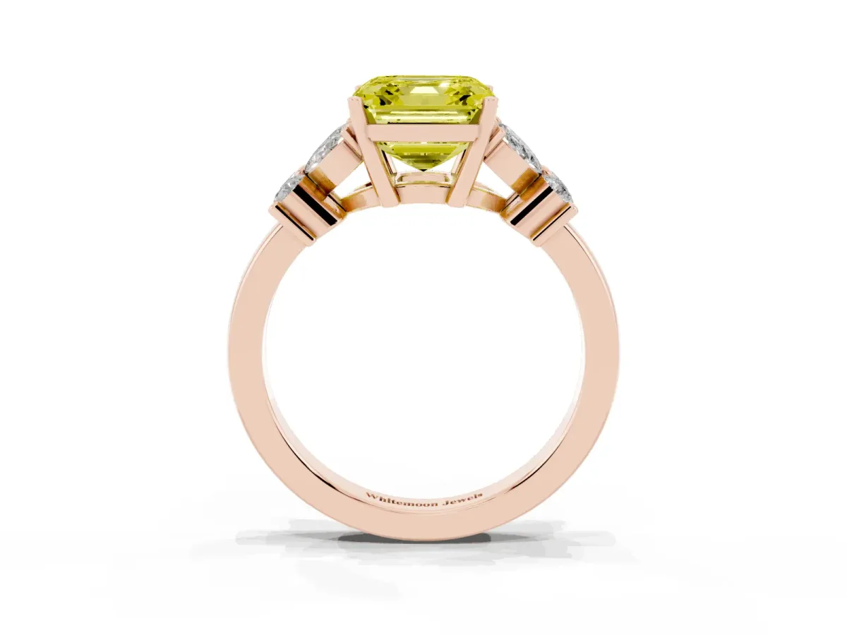 Fancy Yellow Asscher Cut Diamond Floral Cluster Ring with Solitaire Band and Prong Setting Rose gold