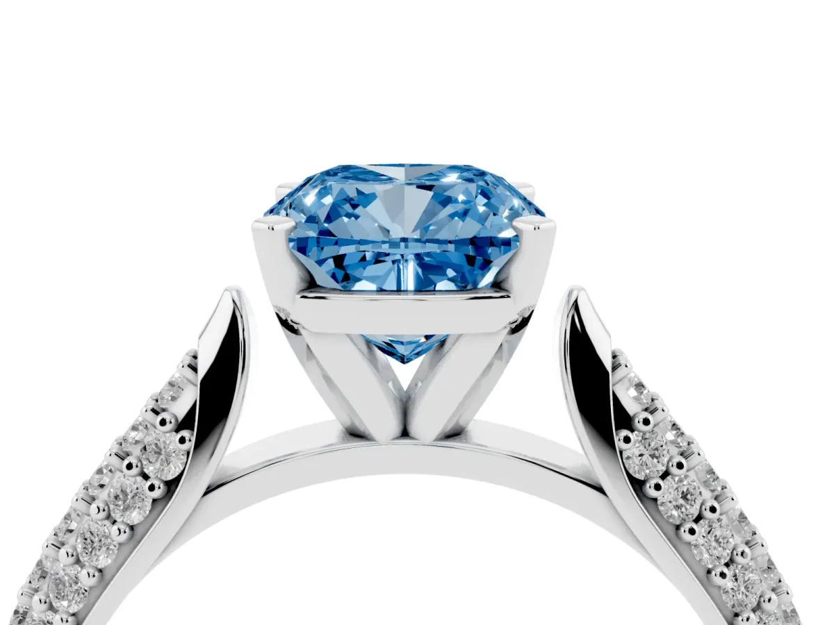 Fancy Blue Cushion Cut Diamond Solitaire Engagement Ring with Multi-Row Round Pavé Band and Prong Setting Silver