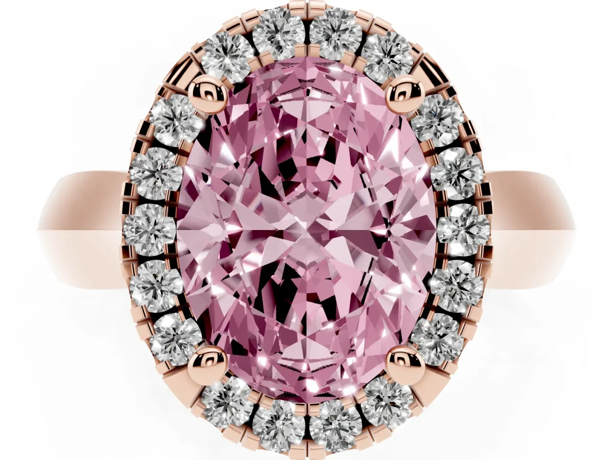 Fancy Pink Oval Cut Cut Halo Solitaire Engagement Ring with Square Band and Four-Prong Setting Rose gold