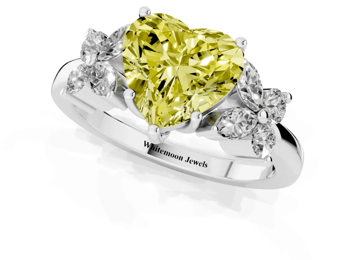 Fancy Yellow Heart Cut Diamond Floral Cluster Ring with Solitaire Band and Prong Setting Silver