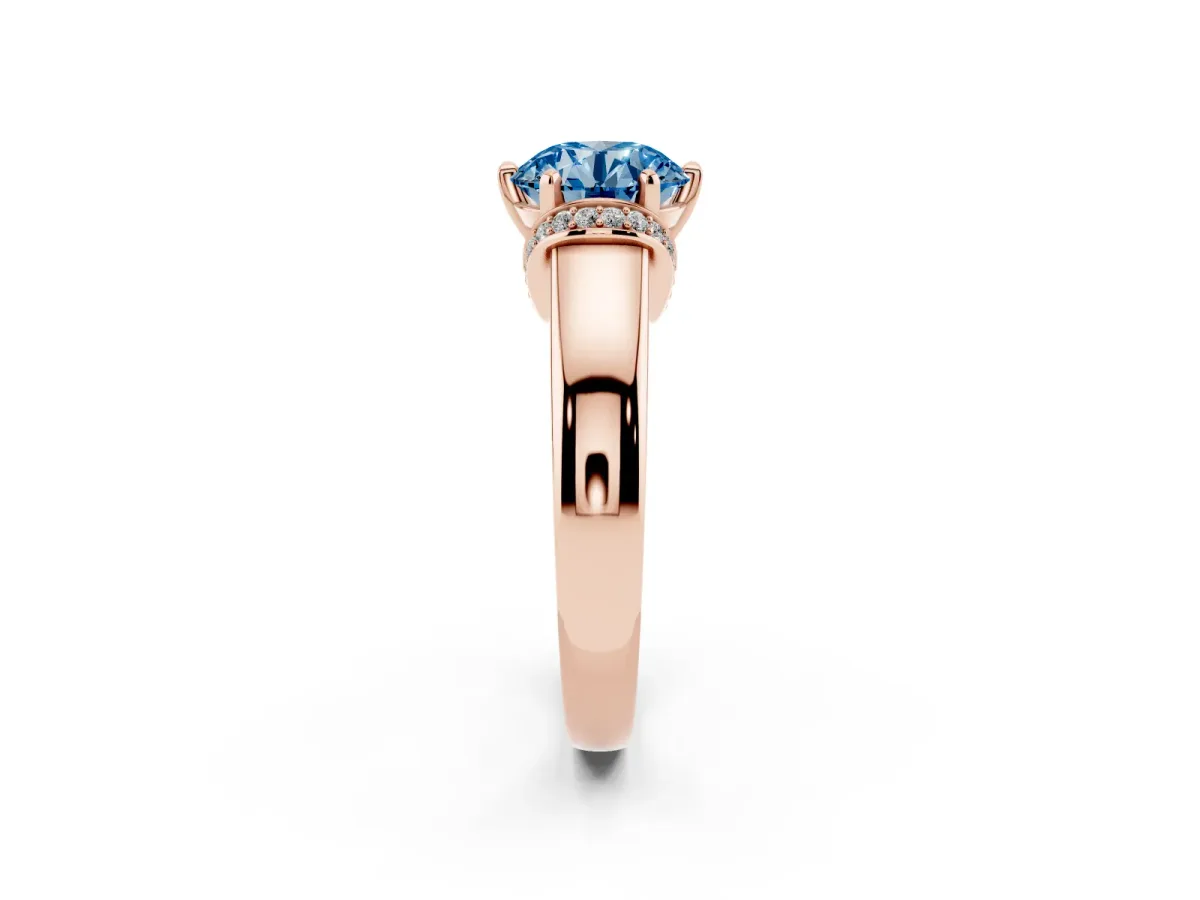 Fancy Blue Round Cut Solitaire Diamond Ring with Pave Band and Six-Prong Setting Rose gold