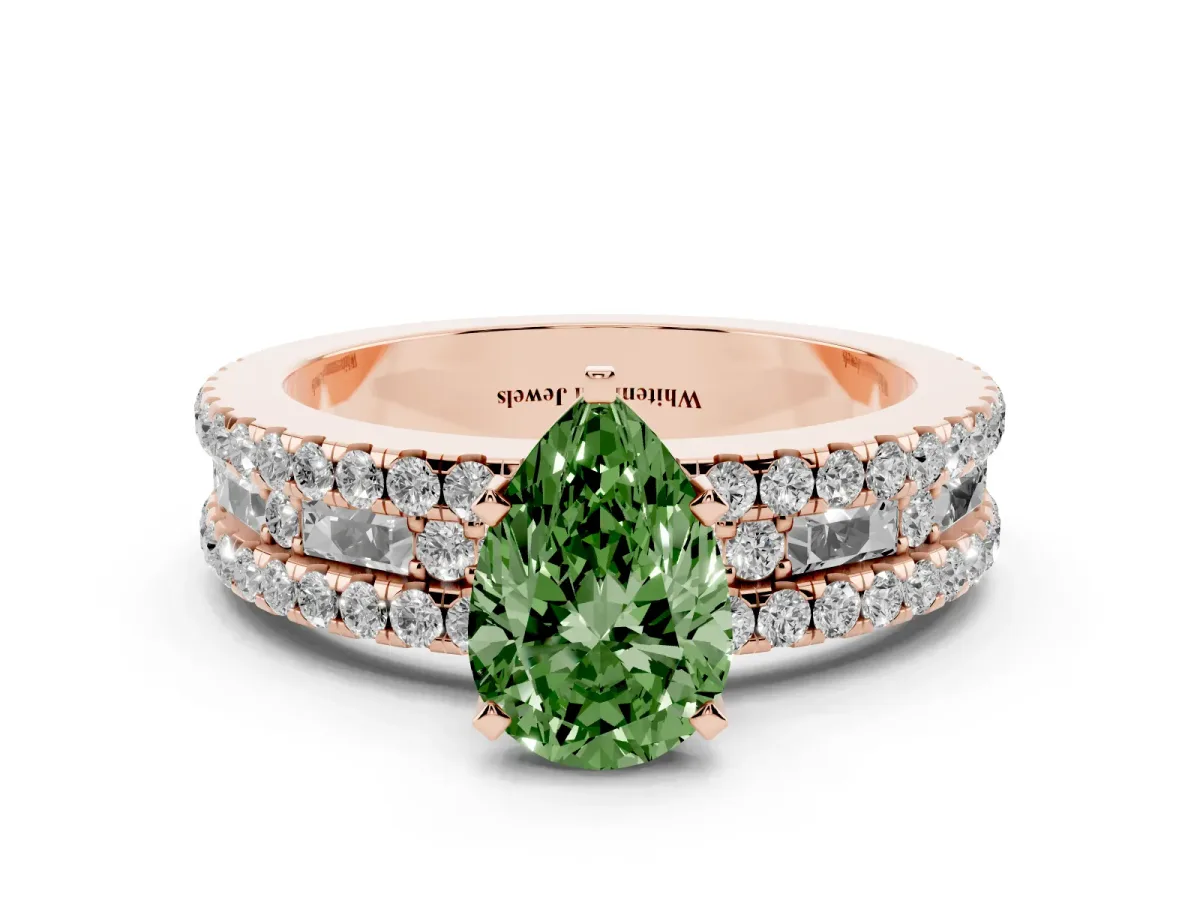 Fancy Green Pear Cut Diamond Solitaire Ring with Pavé and Channel Set Band Rose gold
