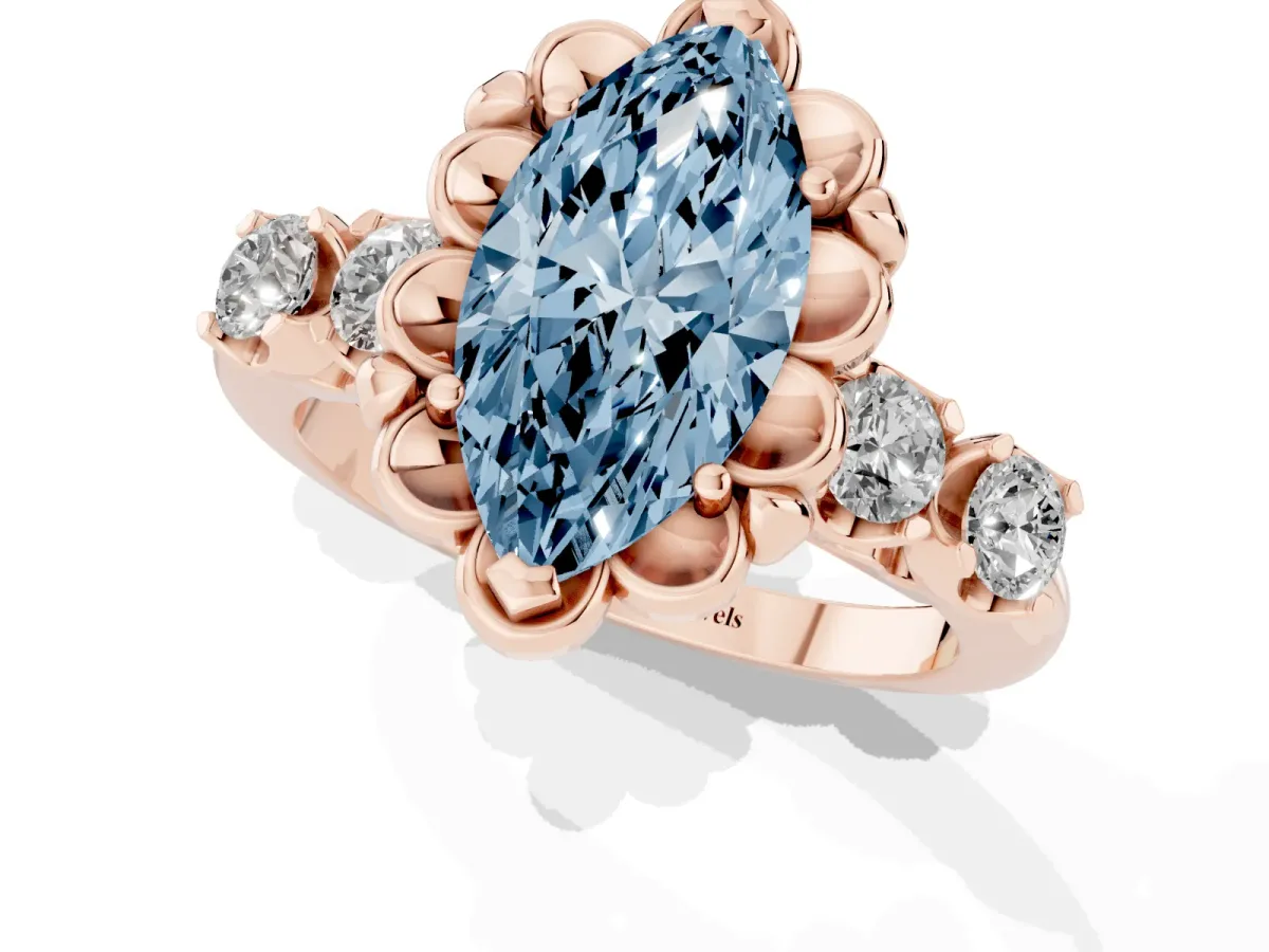 Fancy Blue Marquise Cut Cut Diamond Floral Halo Engagement Ring with Shared Prong Setting Rose gold