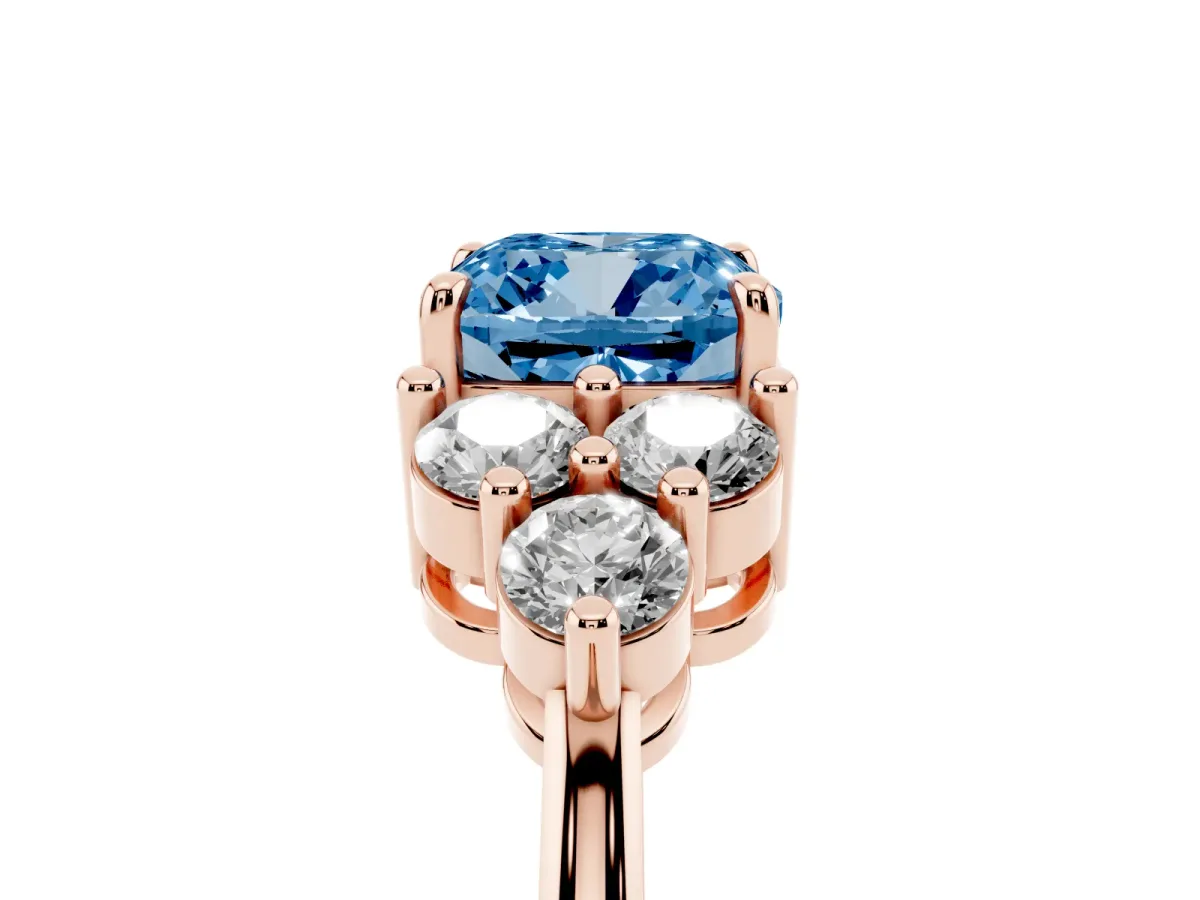 Fancy Blue Cushion Cut Brilliant Diamond Cluster Accent Solitaire Ring with Prong Setting Rose gold