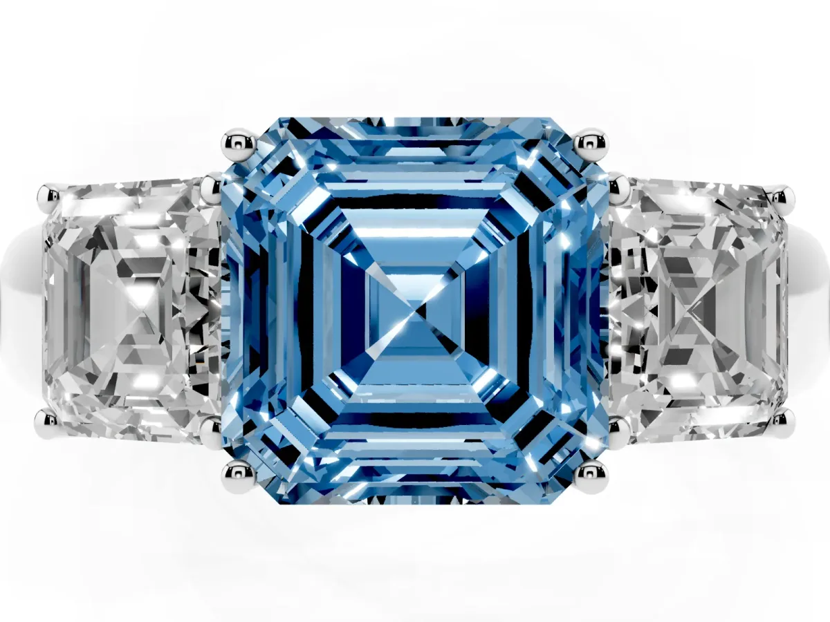 Fancy Blue Three-Stone Asscher Cut Cut Diamond Ring with Prong Setting and Classic Band Platinum