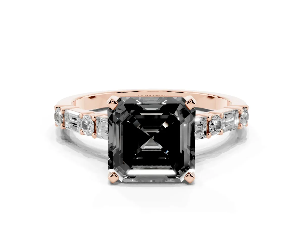 Fancy Black Asscher Cut Diamond Solitaire with Side Baguettes and Channel Set Band Rose gold