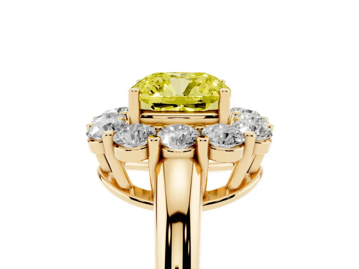 Fancy Yellow Cushion Cut Halo Cluster Diamond Engagement Ring with Prong Setting and Polished Band Yellow gold