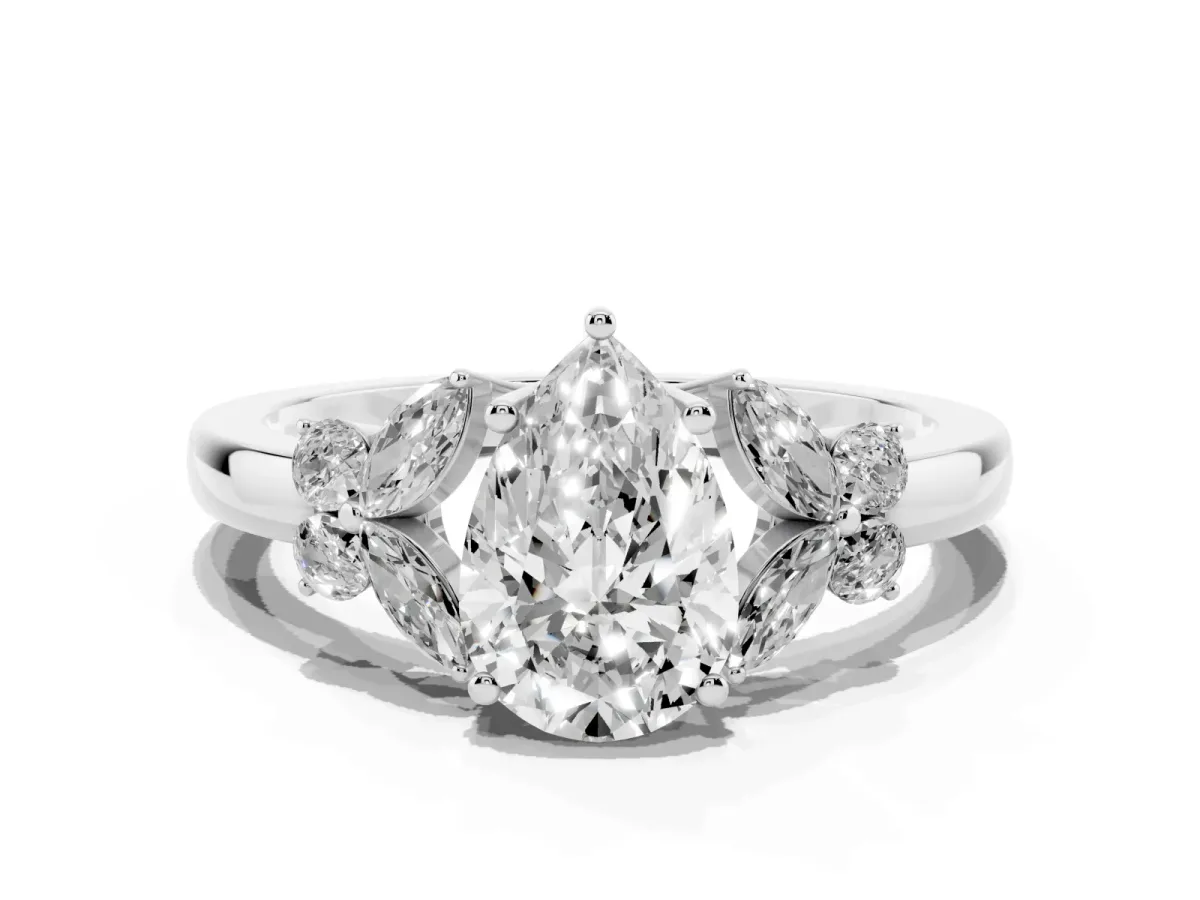 Pear Cut Cut Solitaire Floral Diamond Ring with Four-Prong Setting Platinum