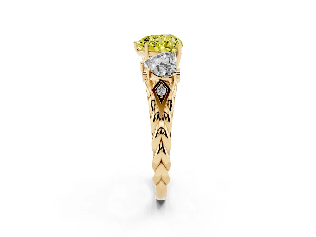 Fancy Yellow Three-Stone Heart Cut Diamond Braided Band Ring with Four-Prong Setting Yellow gold