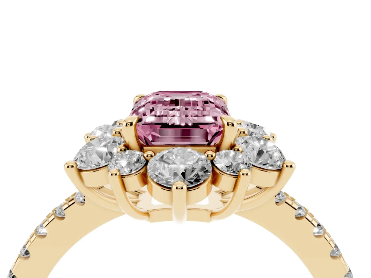 Fancy Pink Emerald Cut Diamond Floral Halo Ring with Round Pavé Band and Prong Setting Yellow gold