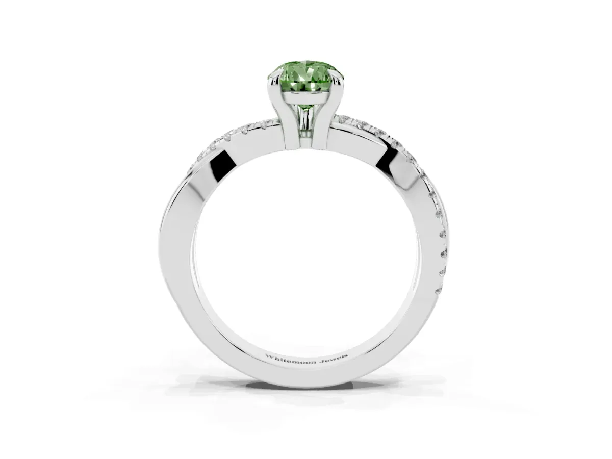 Fancy Green Pear Cut Cut Diamond Twist Band Solitaire with Prong Setting Silver