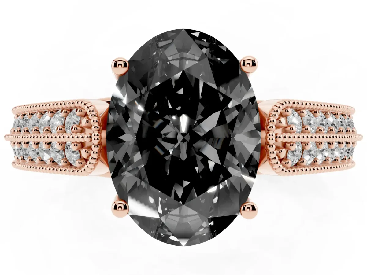 Fancy Black Oval Cut Cut Pave Split Shank Engagement Ring with Four-Prong Setting Rose gold
