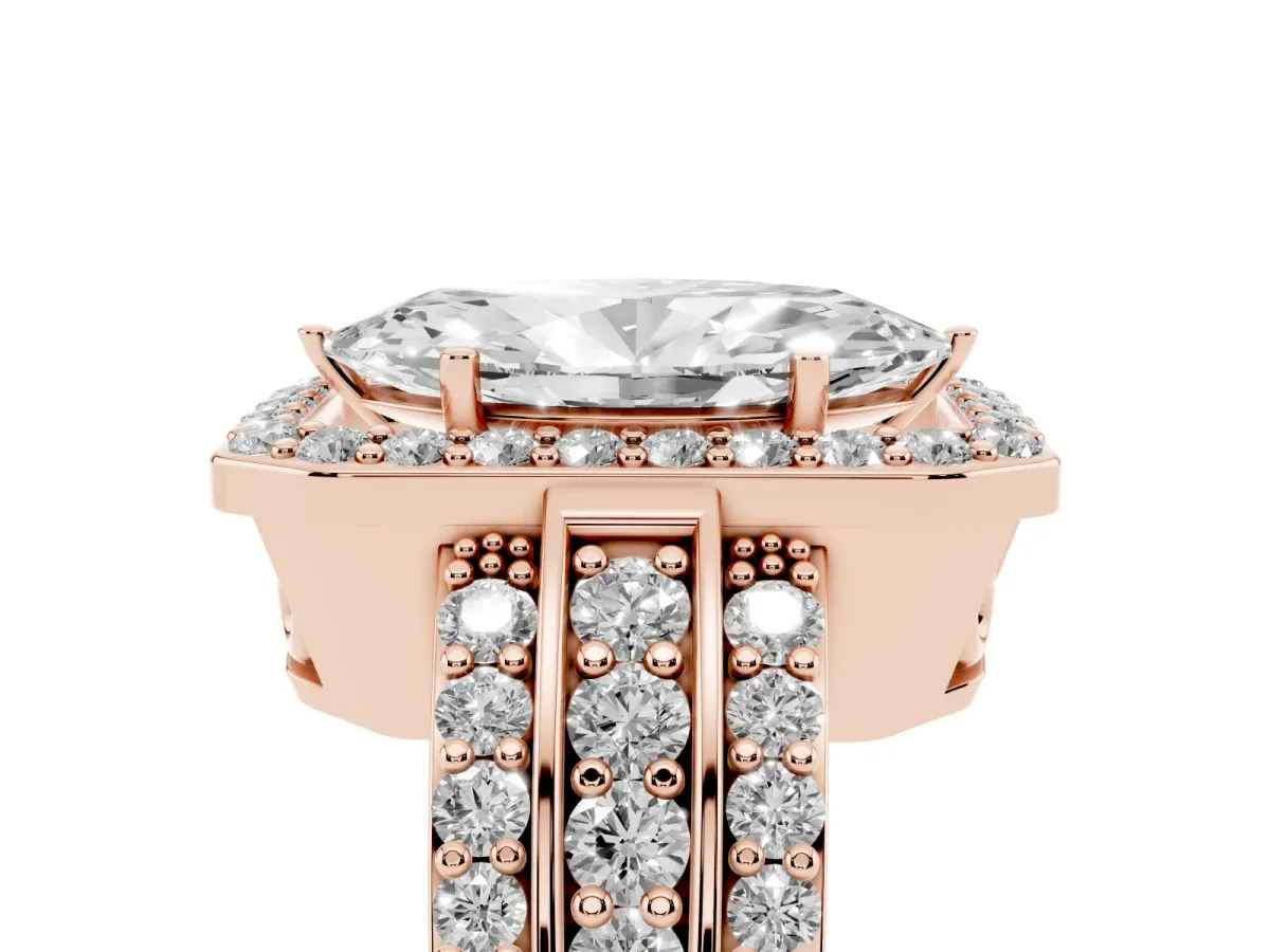 Marquise Cut Halo Diamond Ring with Round Split Shank and Prong Setting Rose gold